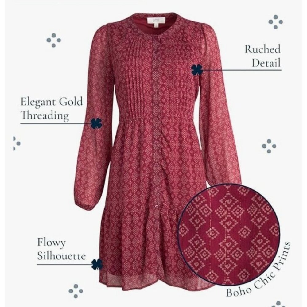 Lucky Brand Red Boho LS Mini Shirt Dress Womens Sz M Casual Burgundy Light Weigh - Picture 2 of 8